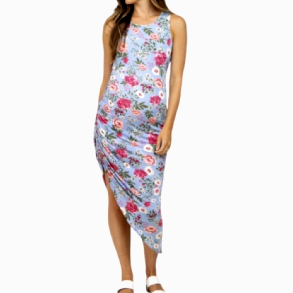 BEESON RIVER • PINKBLUSH Blue Floral Ruched Asymmetrical Maternity  Midi Dress